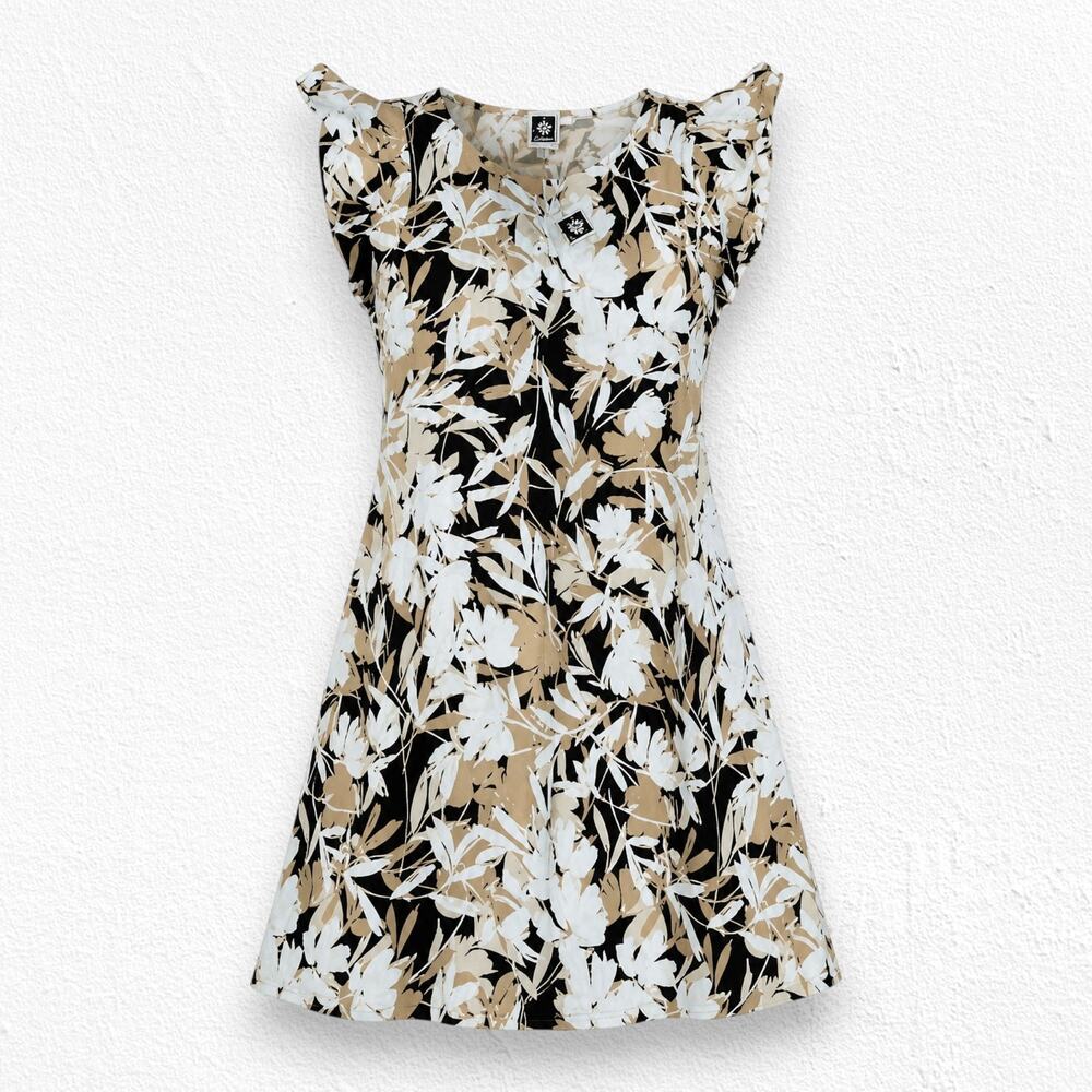 Anne Klein Khaki Black Stretch Floral Ruffle Cap Sleeve Dress Size 2 NWT
